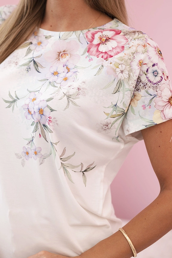Women's cotton blouse with short sleeves and floral print ecru