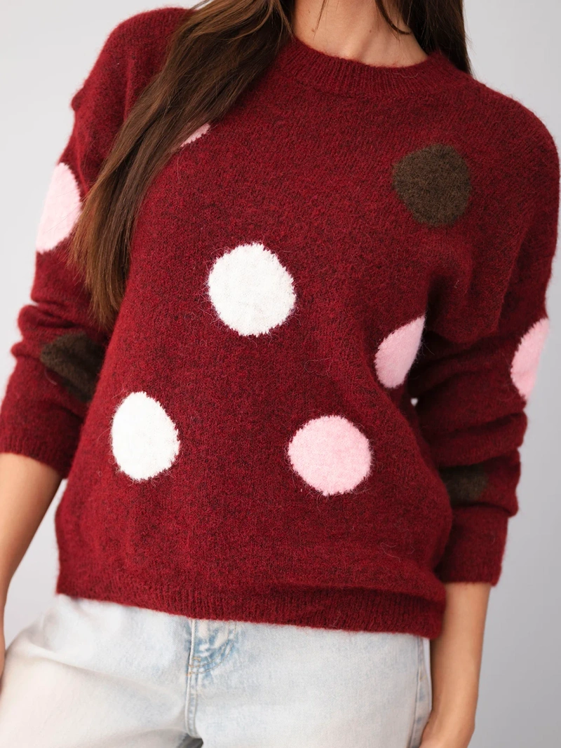 Damenpullover mit bunten Punkten und rundem Ausschnitt bordeaux