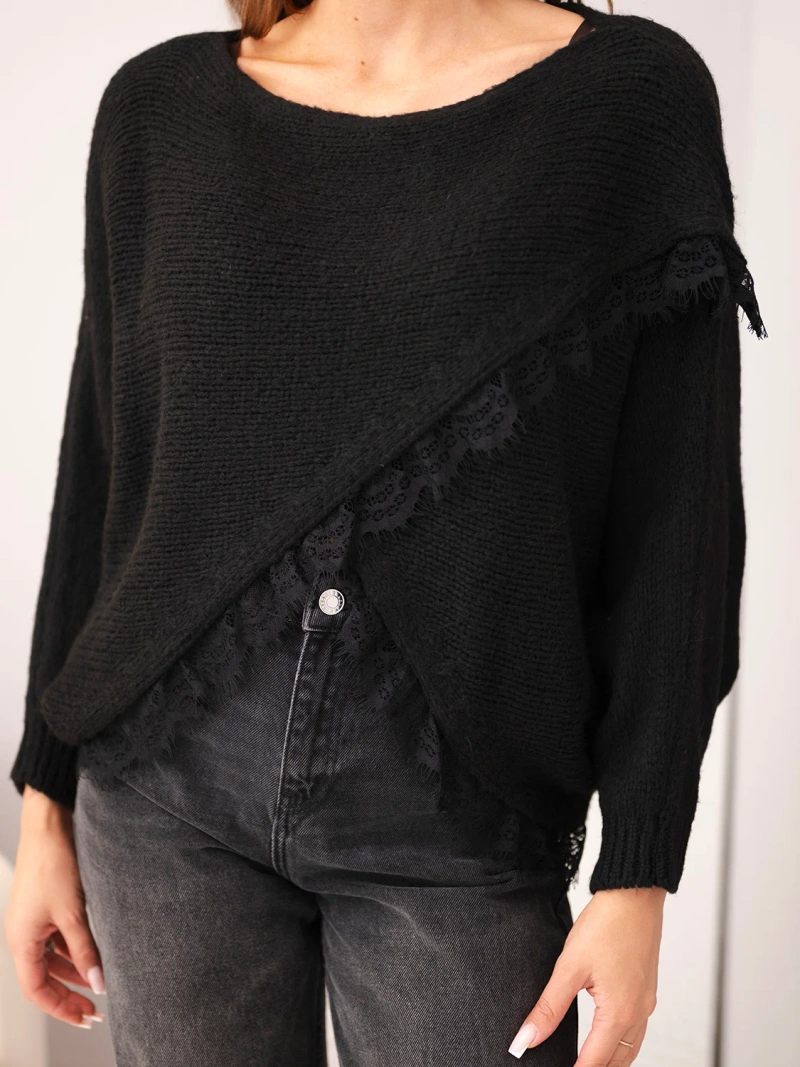 Damenpullover asymmetrisch mit Spitzeneinsatz schwarz