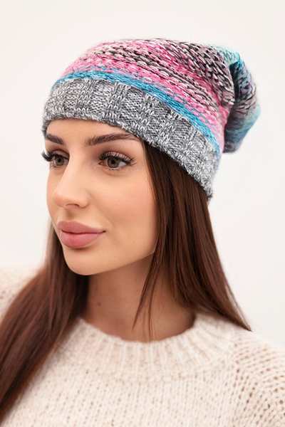 Czapka z polarem Krystyna K207 różowy+ciemny szary