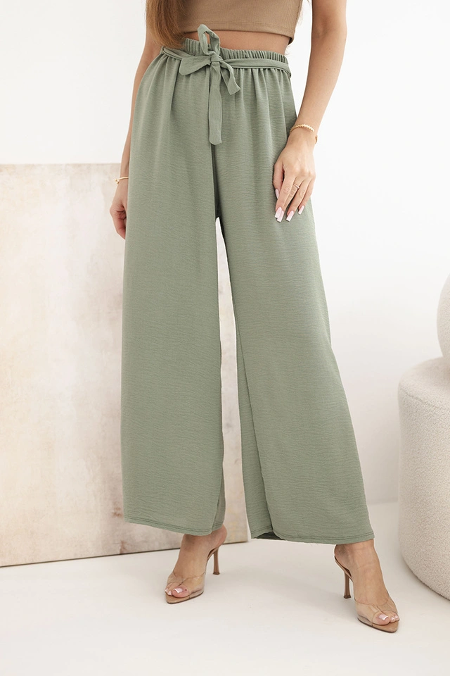 Hose mit breitem Bund und Bindegürtel helles Khaki