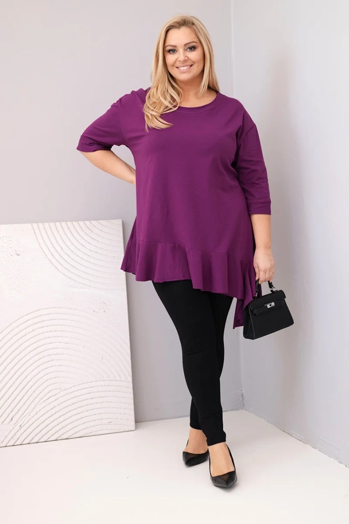 Plus Size women's blouse with cotton, featuring ruffles and rolled sleeves dark purple