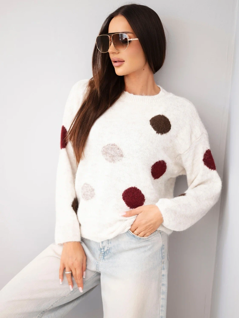 Women's sweater with colorful polka dots and a round neckline beige light