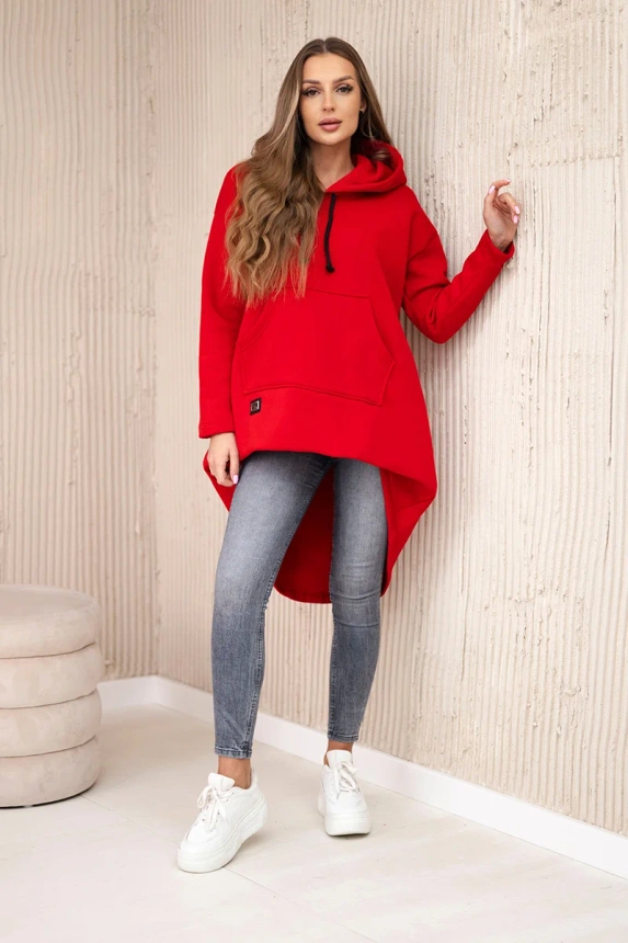 Padded sweatshirt with long back and hood red