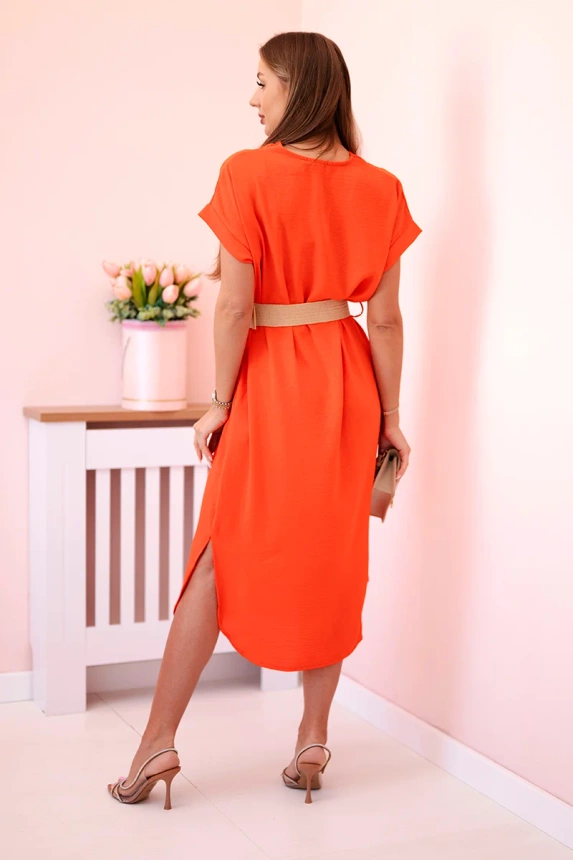 Dress with a decorative belt dark orange