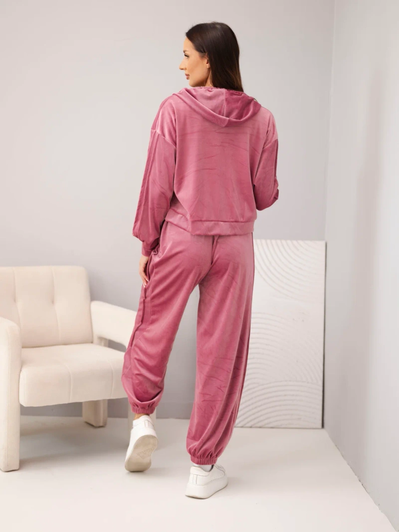 Women's velour viscose set with a zip-up sweatshirt and jogger pants dark pink