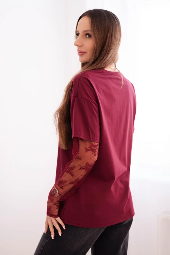 Women's cotton blouse with lace sleeves maroon