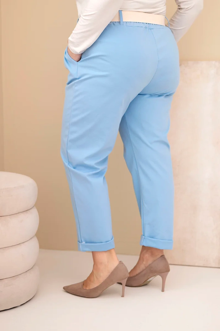 Spodnie damskie bawełniane Plus Size z paskiem niebieskie