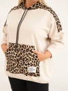 Plus Size women's viscose hoodie with leopard print inserts beige
