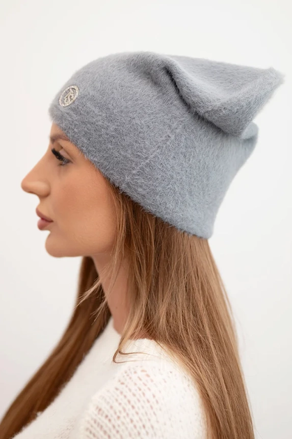 Classic women's alpaca hat with decorative plate gray
