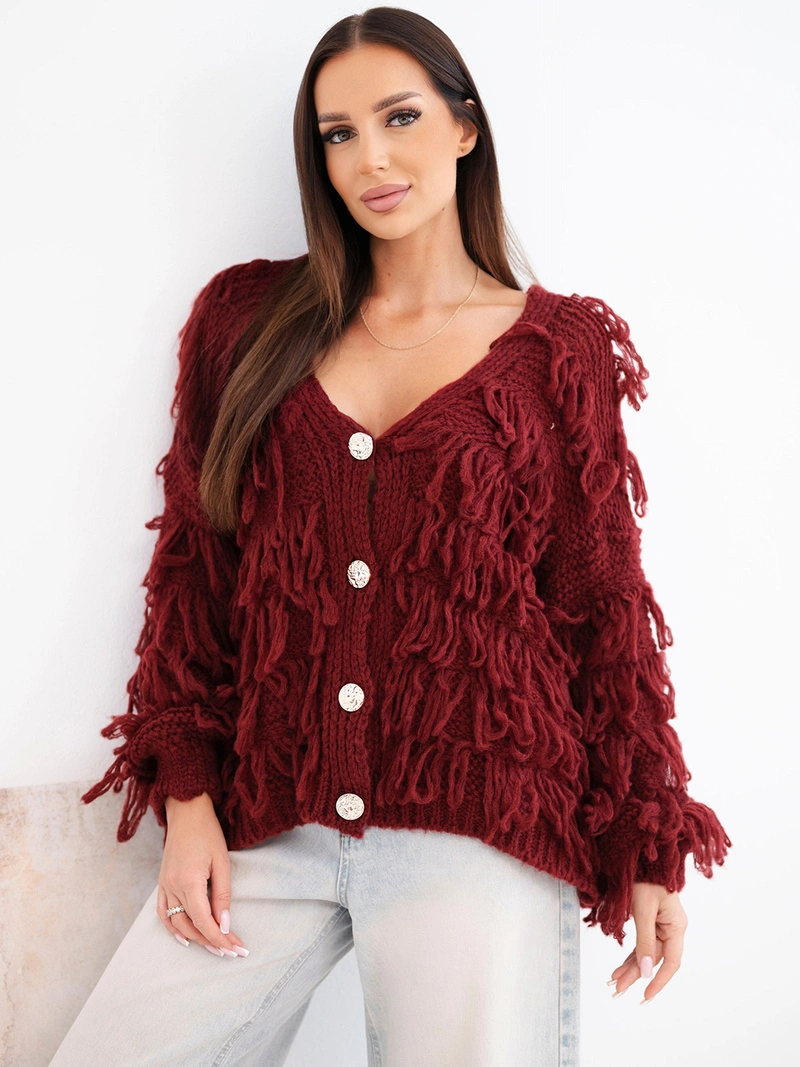 Sweter damski z frędzlami i ozdobnymi guzikami bordowy