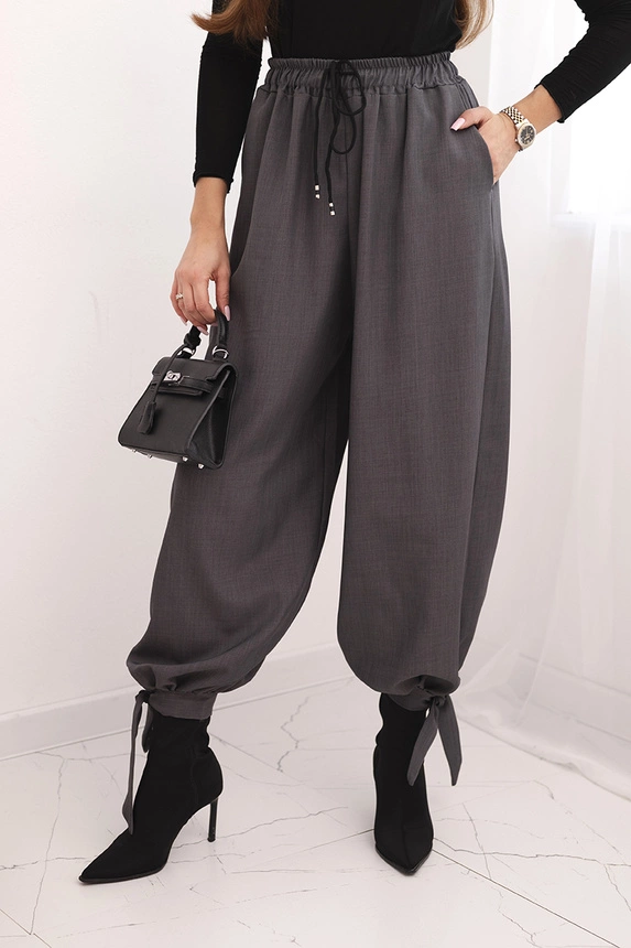 Damenhose mit weitem Bein und Bindung unten grau