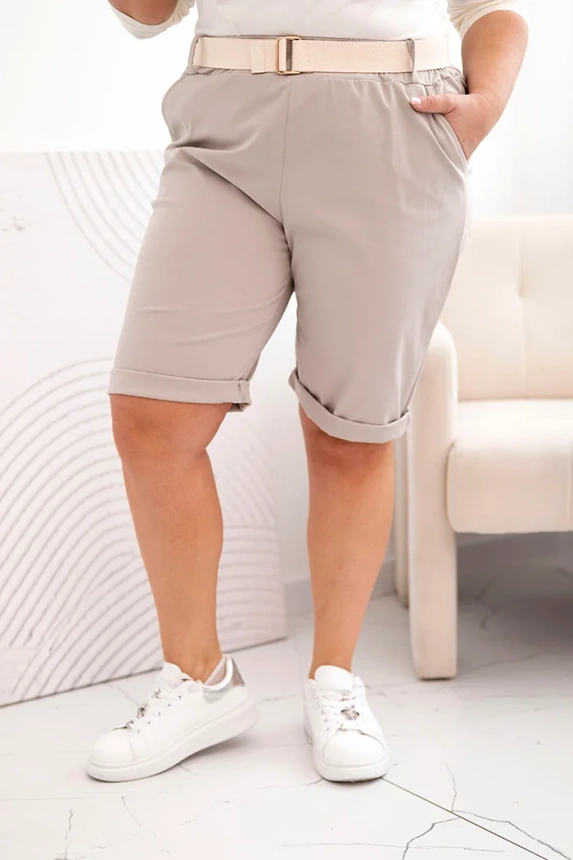 Damen Baumwoll-Shorts in Plus Size mit Gürtel Dunkelbeige