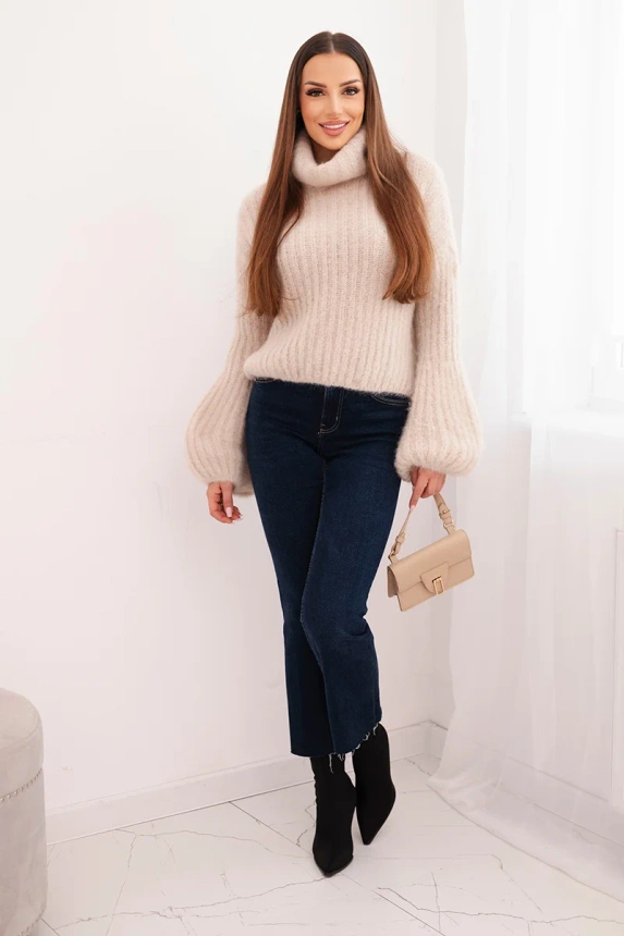 Women's mohair sweater with puff sleeves and a turtleneck beige