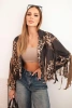 Women's suede jacket with leopard print and fringes black