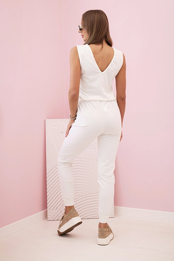 Women's cotton sleeveless jumpsuit with a tie at the waist ecru