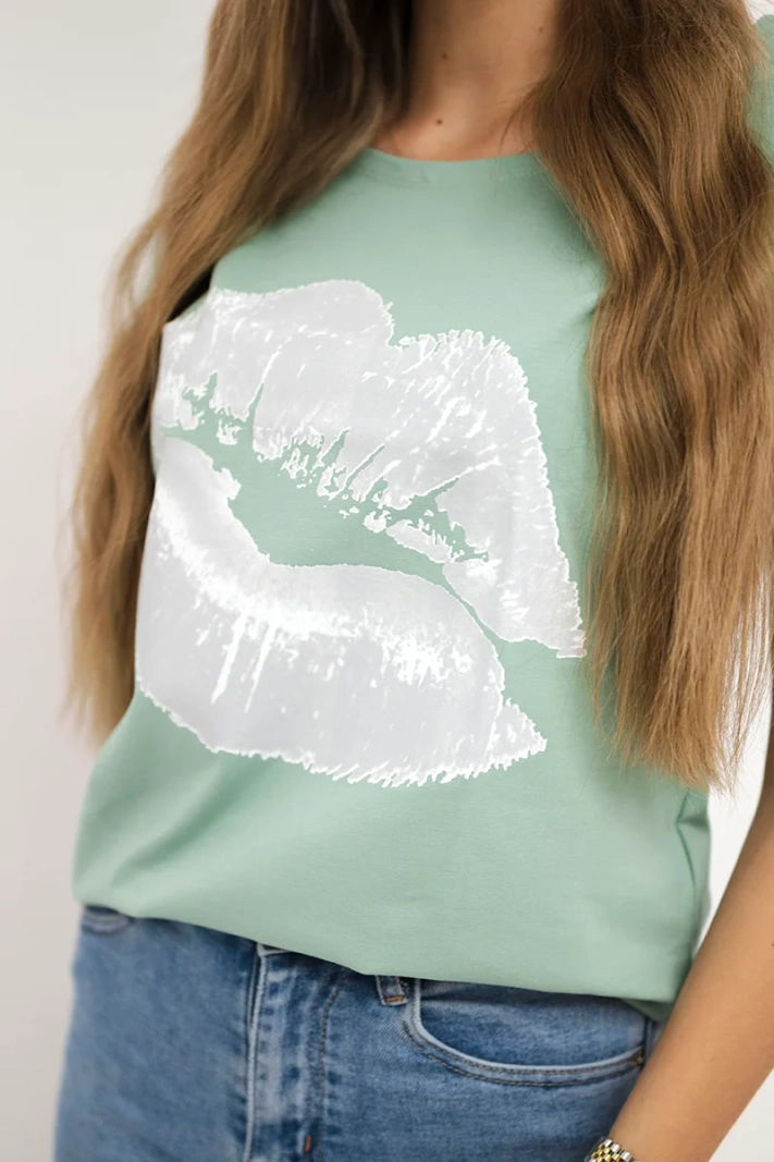 Lippenprint-Bluse dunkelmint