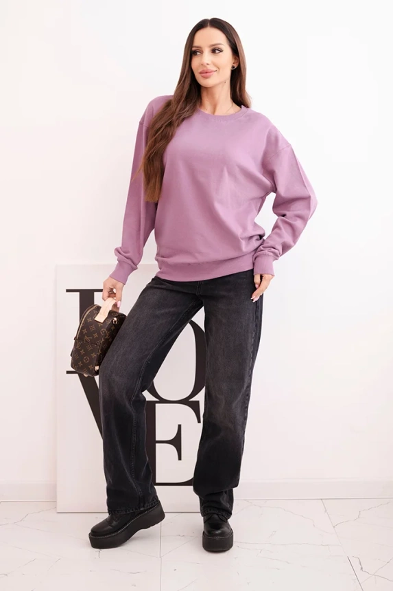 Women's basic looped cotton sweatshirt with a round neckline dark pink