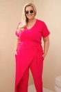 Moteriškas medvilninis Plus Size kombinezonas su raišteliu ties juosmeniu fuksija