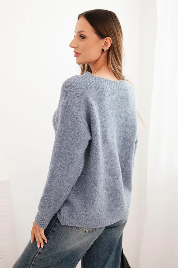 Women's sweater with wool, long sleeves, and a round neckline, denim color