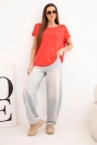 Women's oversized viscose blouse with short sleeves and a round neckline red