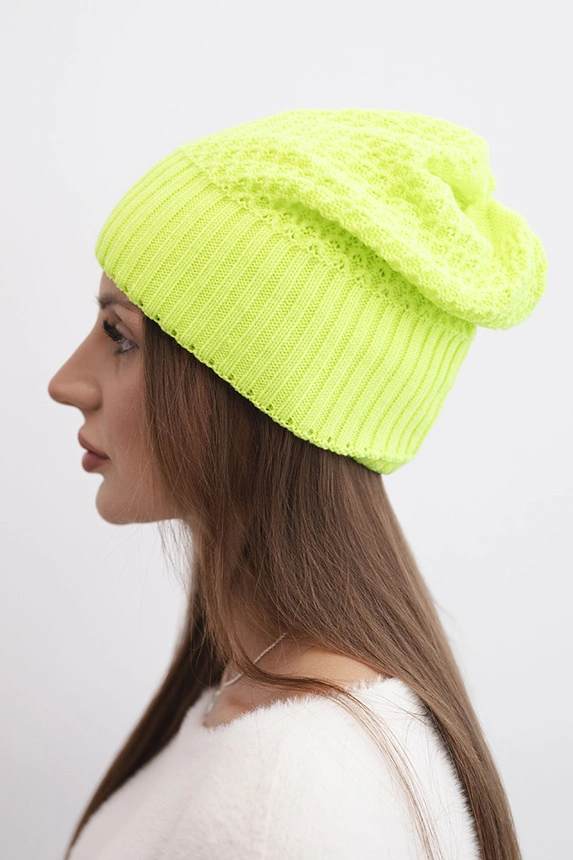 Women's winter wool hat with double rolled-up cuff K426 neon yellow