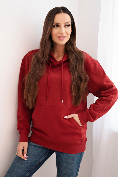 Women's cotton looped sweatshirt with a hood and kangaroo pocket burgundy