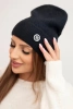 Women's soft hat made of fluffy knit with a decorative plate black