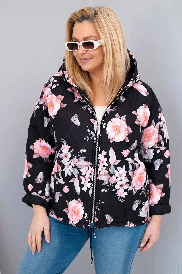 Damenjacke Frühlings gesteppte Plus Size mit Kapuze und Blumenmuster schwarz