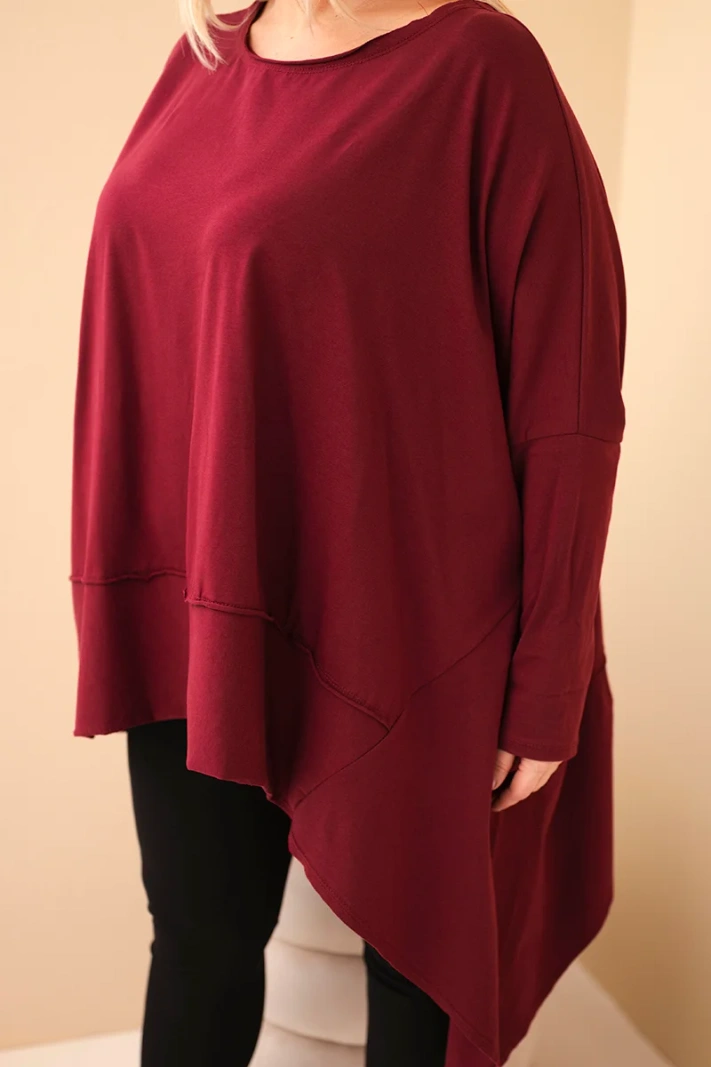 Dámská tunika Plus Size z bavlny s asymetrickým spodním lemem bordová
