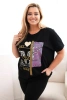 Bavlnená dámska blúzka Plus Size s potlačou a flitrami čierna + ružová