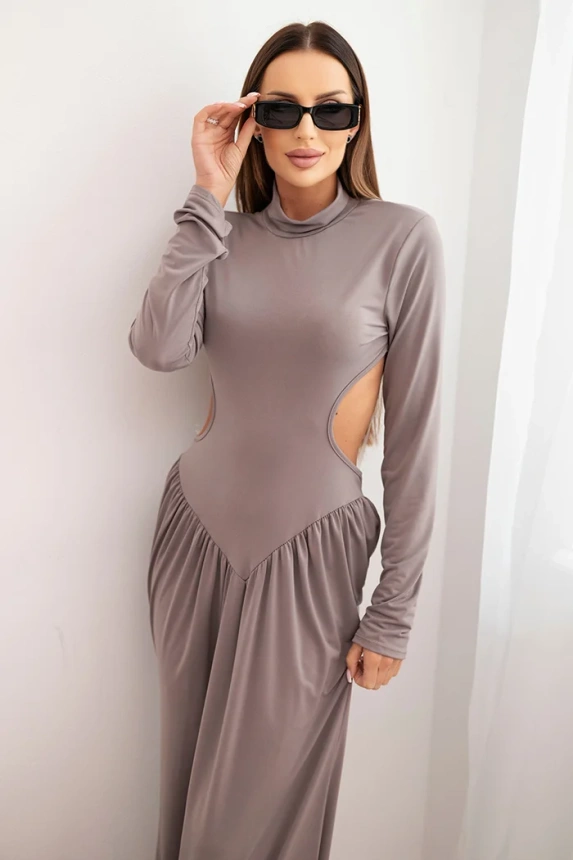 Damenkleid aus Viskose lang mit Rollkragen und freiem Rücken fango