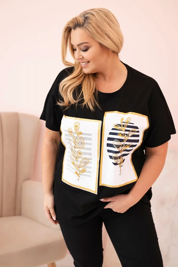 Dámská bavlněná halenka Plus Size s kamínky černá + tmavě modrá