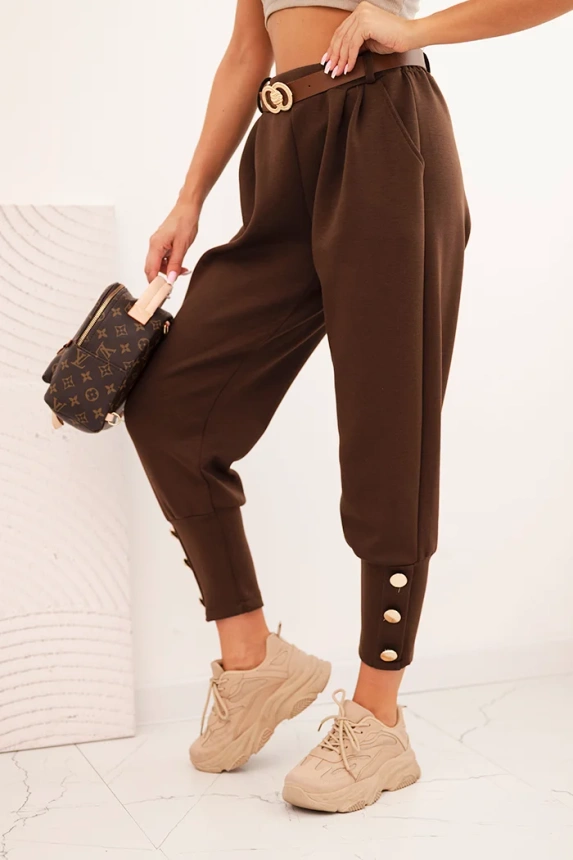 Women's pants butter with decorative buttons and a belt brown