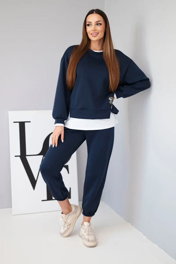 Women's set with a loose sweatshirt and sweatpants butter color navy