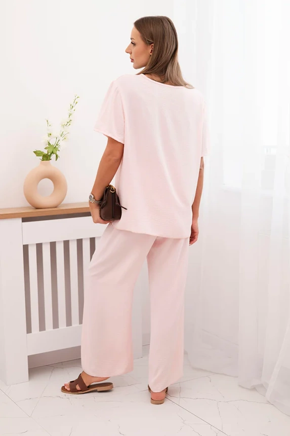 Women's set with a loose blouse and wide pants powder pink