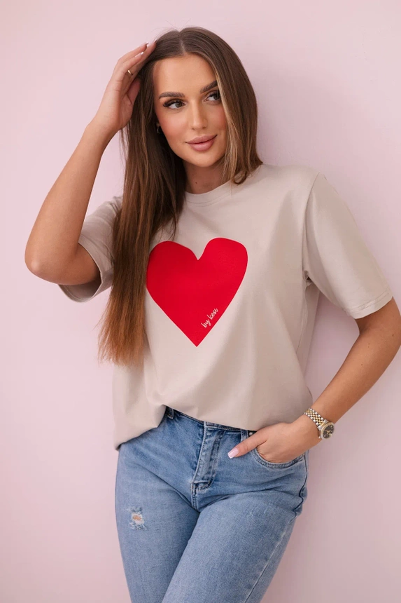 Baumwollbluse mit Herz-Print beige