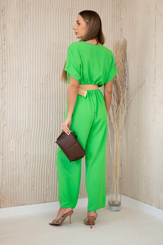 Overalls with a decorative belt at the waist light green