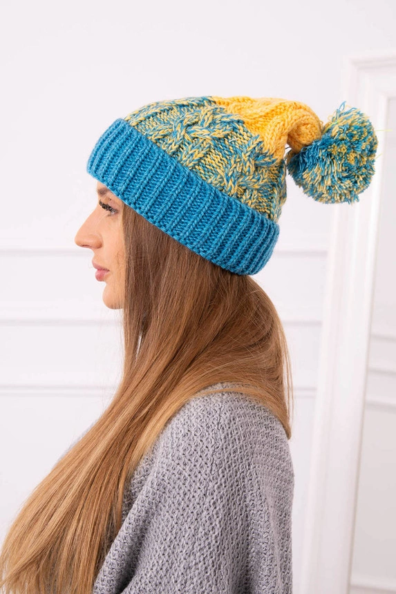 Cap with a pompom Abigail K326 turquoise+yellow