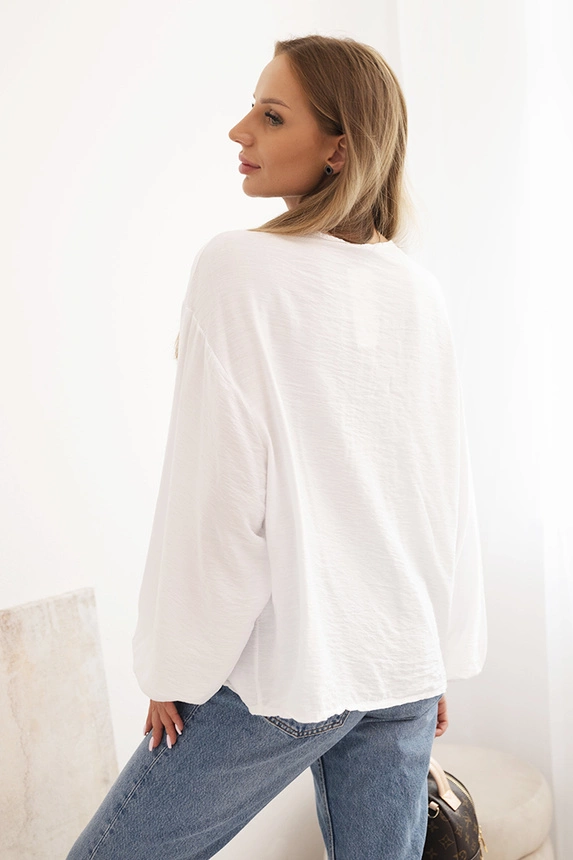 Women's blouse with viscose, gathered neckline and embellishment white