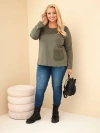 Moteriškas medvilninis Plus Size džemperis su ažūrine įsiuva ir kišene khaki