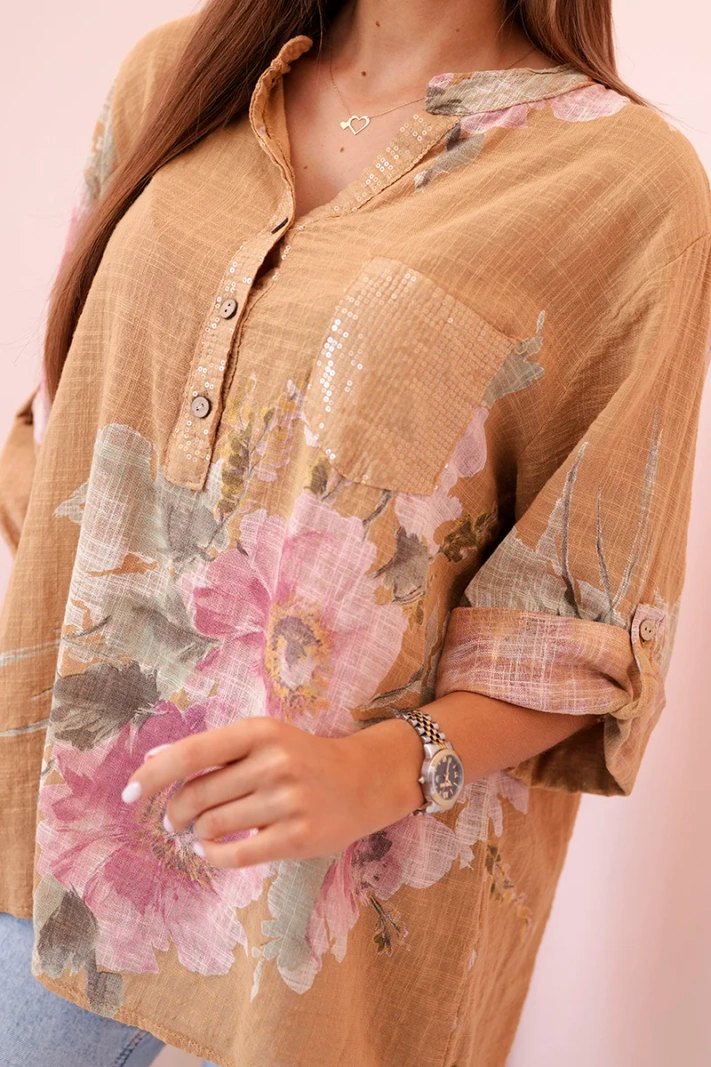 Damenbluse aus Baumwolle mit Blumenmuster und Knöpfen - camel