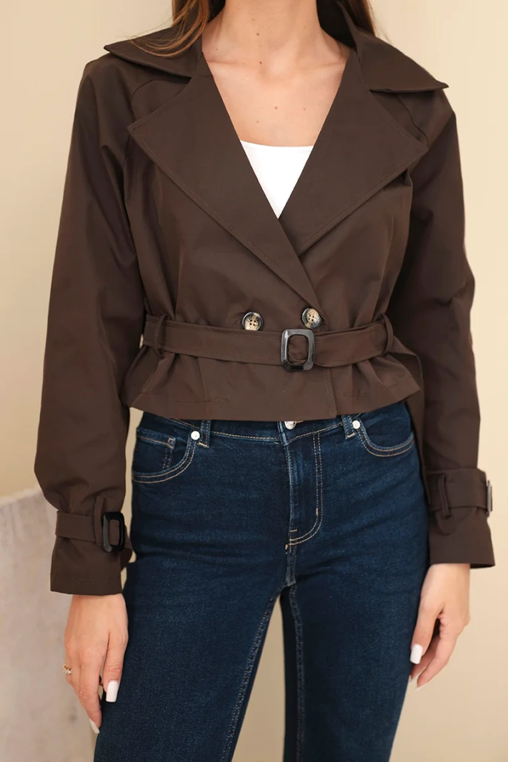 Women's viscose short double-breasted jacket with belt and lapels brown