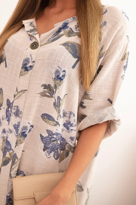 Damenkleid aus Baumwolle mit Blumenmuster und 3/4-Ärmeln beige