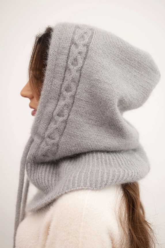 Women's hooded cap with ties and braided pattern gray