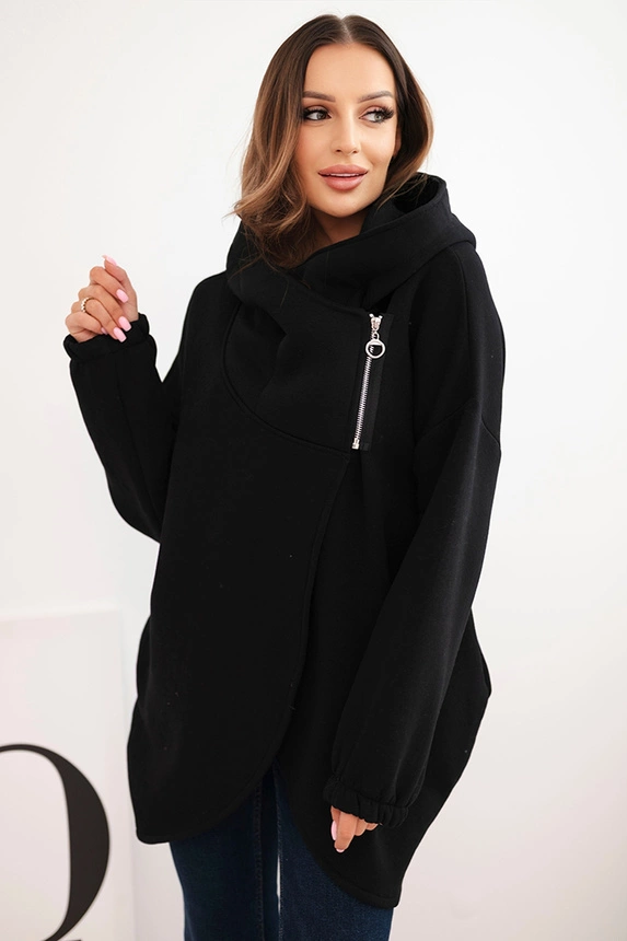 Damenpullover mit Kapuze und asymmetrischem Reißverschluss schwarz