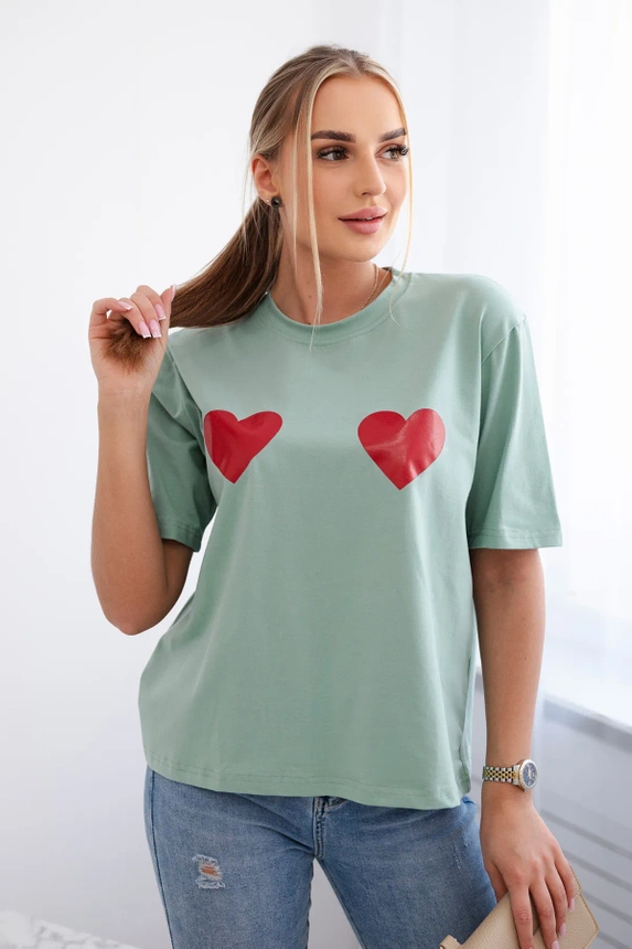 Baumwollbluse mit Herz-Print dunkle Minze