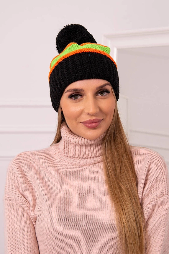 Kinga moteriška kepurė K297 juoda+žalia neon+oranžinė