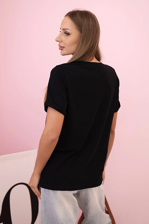 Women's cotton short-sleeve blouse with colorful print black