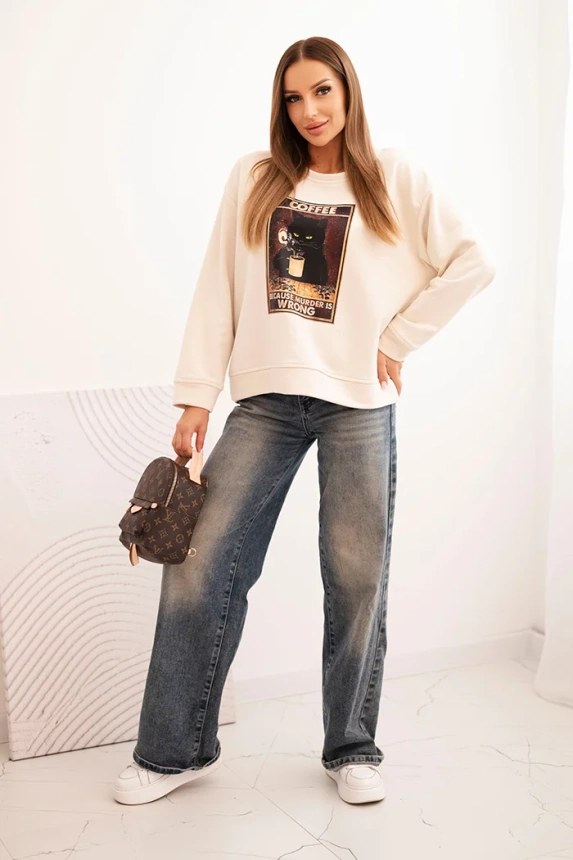 Women's cotton sweatshirt with a cat print and text light beige